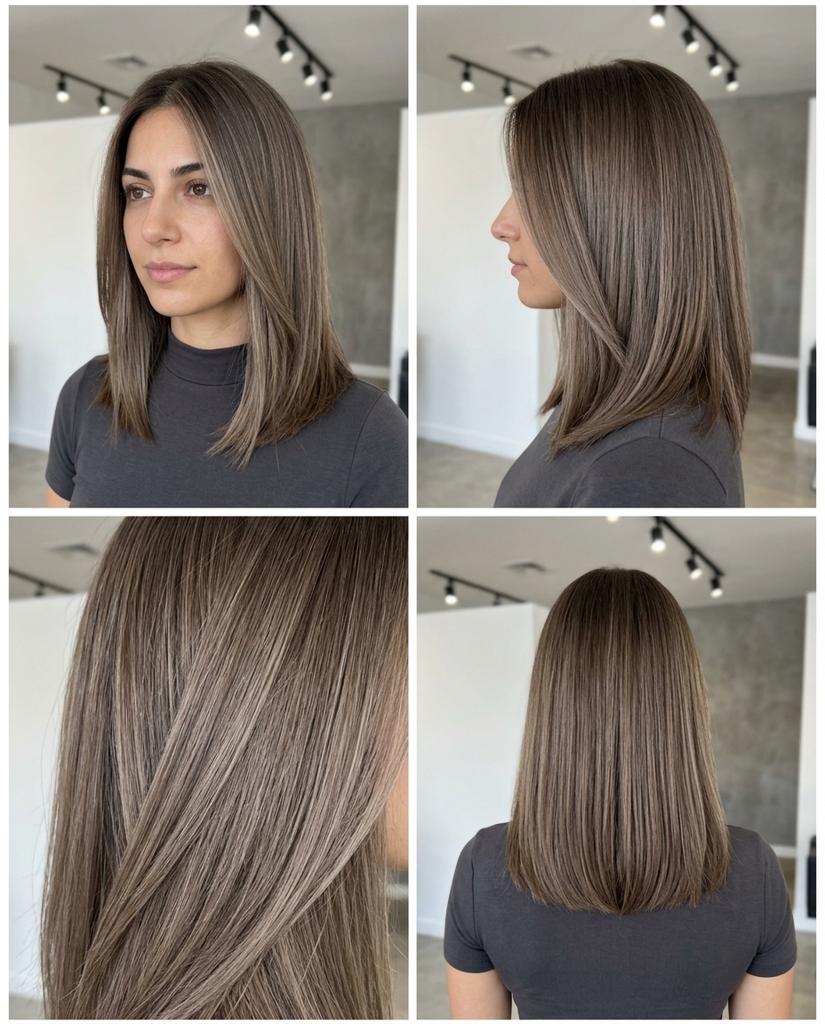 long muted taupe mushroom brown color melt with ash beige highlights, subtle face-framing, no fringe — modern luxury