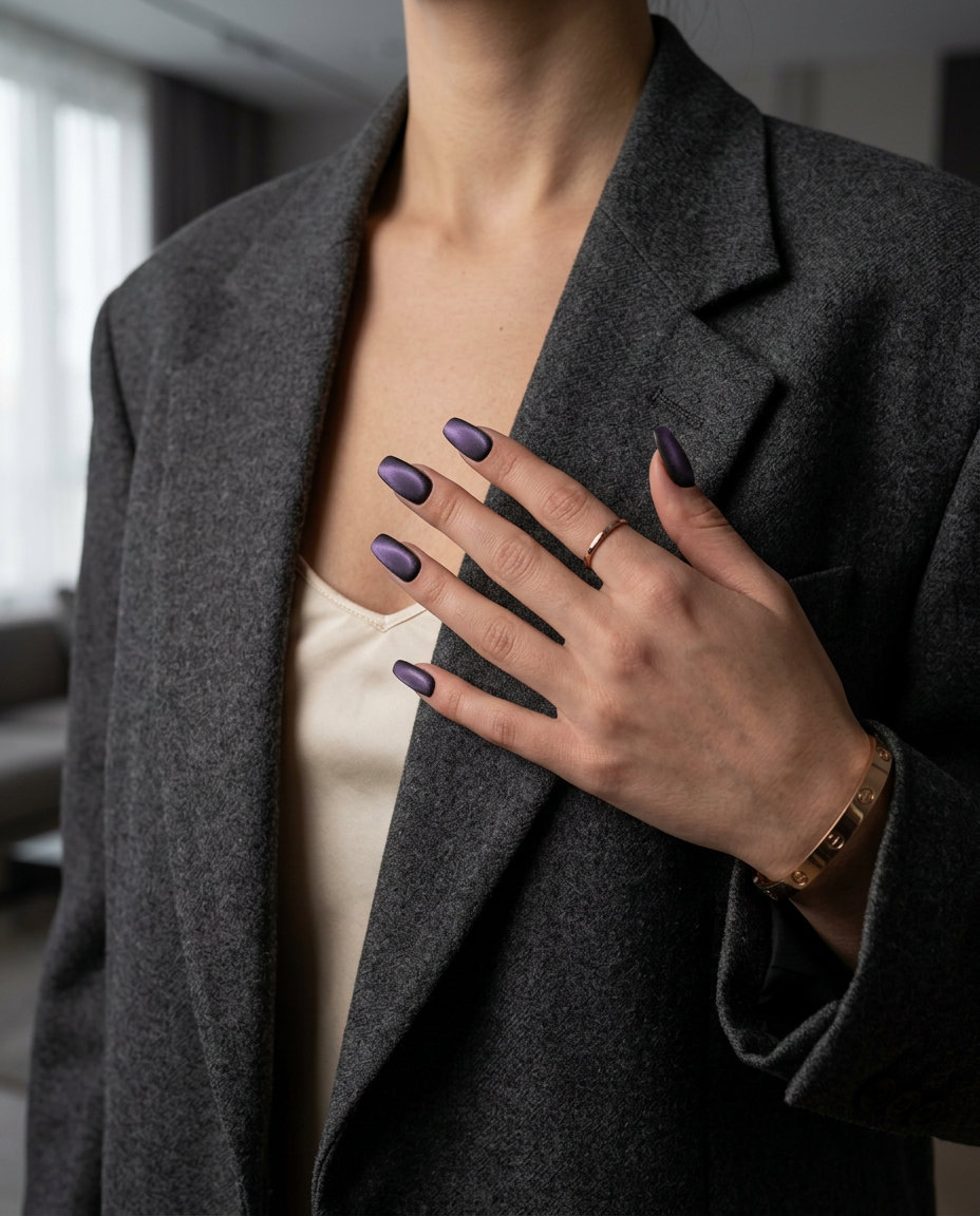Mystic Velvet Cat-Eye Ballerina summer dip nails 2026: deep lavender with magnetic shift and velvet matte finish.