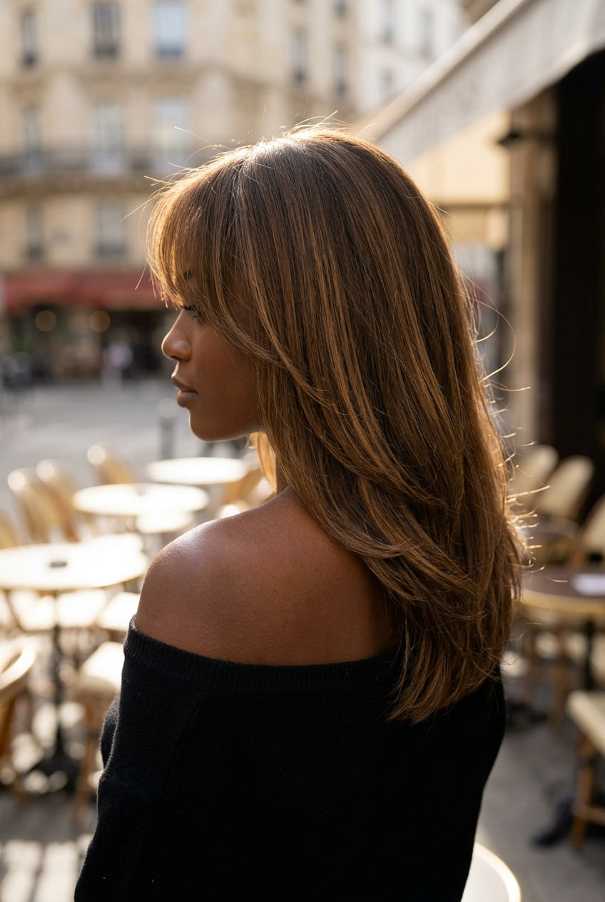 collarbone-length layered cut with natural brown and Birkin bangs for summer