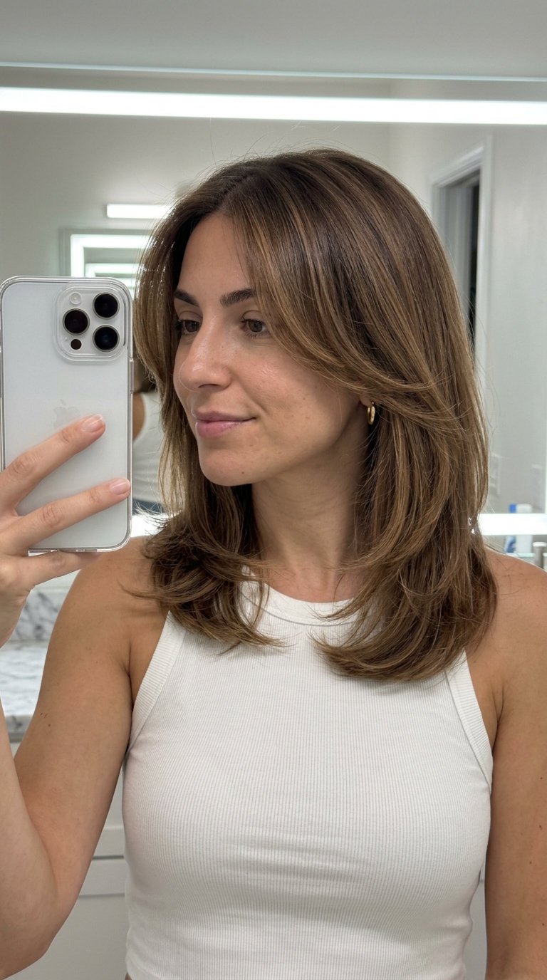 Effortless Hush Cut: Summer Haircuts 2026 collarbone-length layered haircut in natural brown with caramel ribbons, micro-balayage, no fringe — effortless daily wear