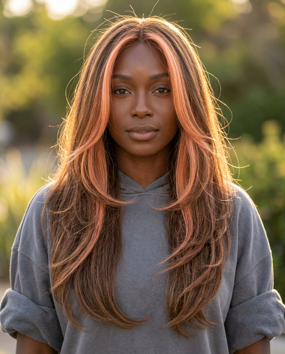 long layered haircut with peach fuzz money pieces, face-framing layers and U-shape back — romantic summer style