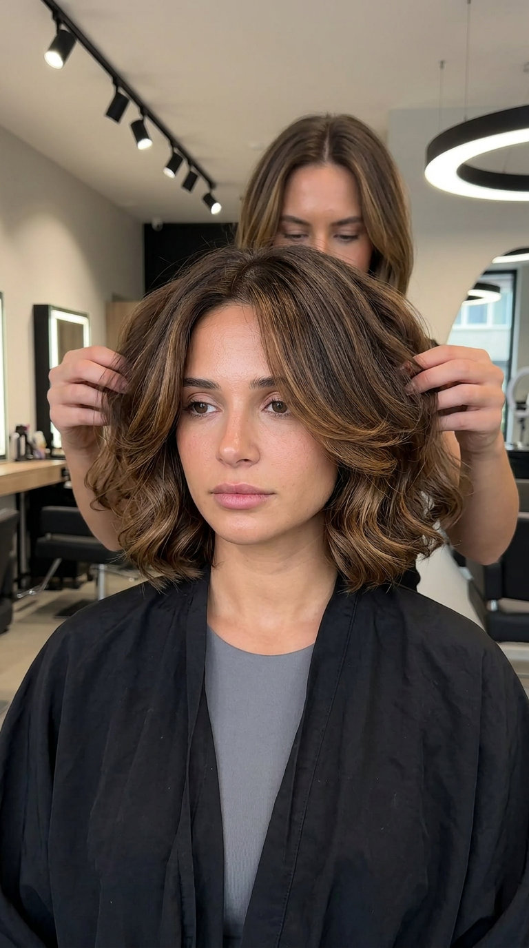 short baroque bob haircut with caramel balayage and natural brown for summer