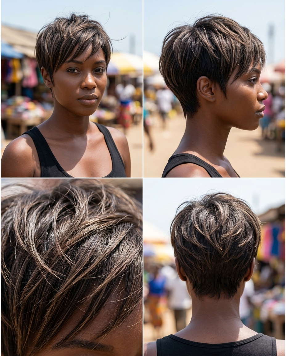 short piecey pixie haircut with natural brown, texture paste, edgy playful style for concerts