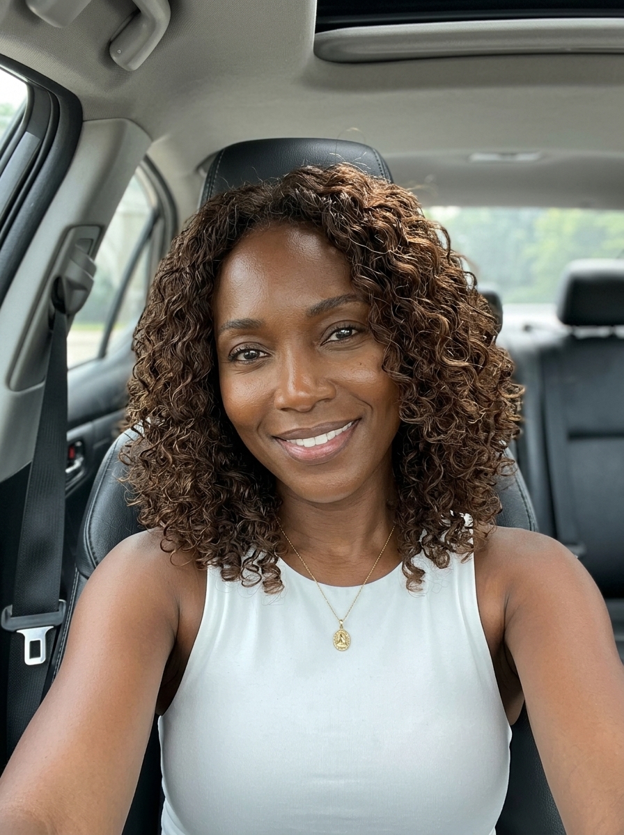 shoulder-length curly lob haircut in rich natural brunette with subtle warm undertones, dry-cut layers — daily chic