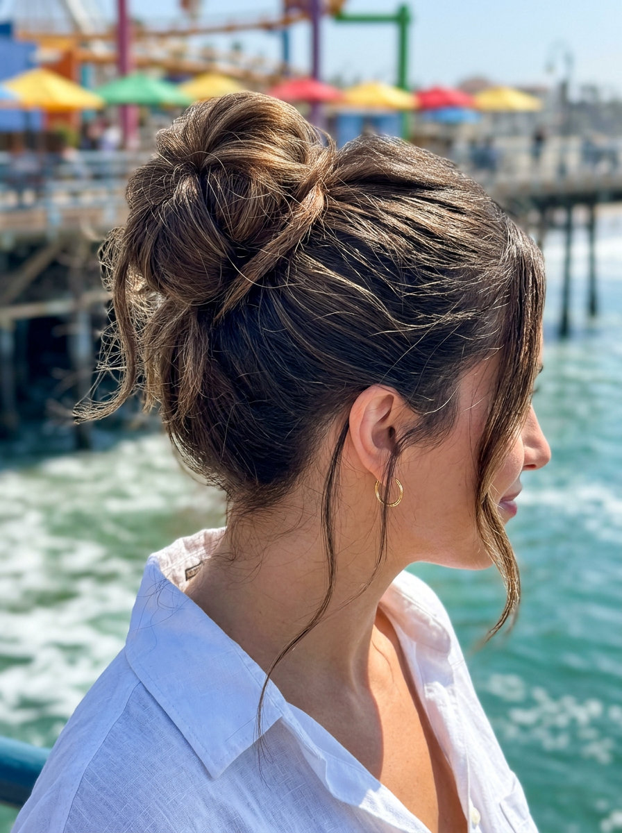 long natural brunette messy bun with rich espresso, casual for weekend