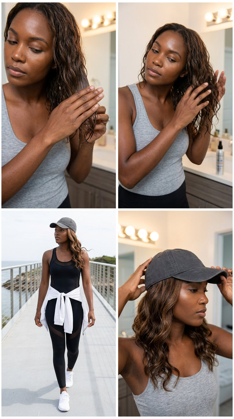 long natural brunette beachy waves with ash tones, soft texture, and neutral baseball cap