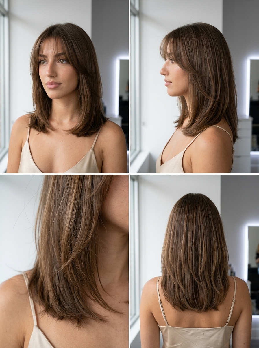 medium layered haircut with natural brunette, syrup gloss, and see-through fringe for effortless style
