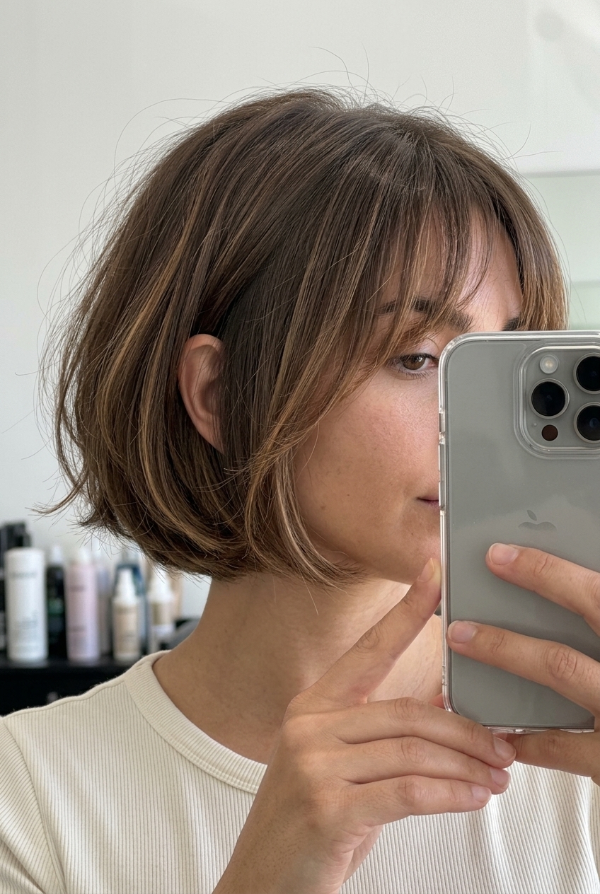 Fringed Romantic Italian Bob 2026 short italian bob haircut with natural brunette & caramel babylights, see-through fringe, romantic mood