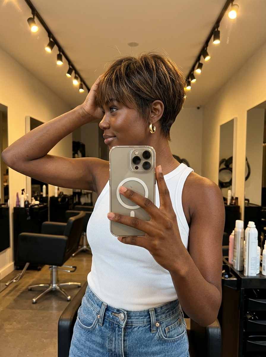 Sun-Kissed Summer Crop Haircut 2026 short crop haircut in natural brunette with golden babylights for summer