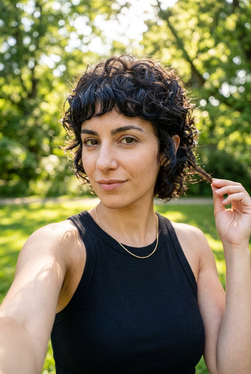 Playful Coil & Crop Pixie with Natural Brunette 2026 short curly pixie haircut with natural brunette, layered curls, textured bangs for weekend
