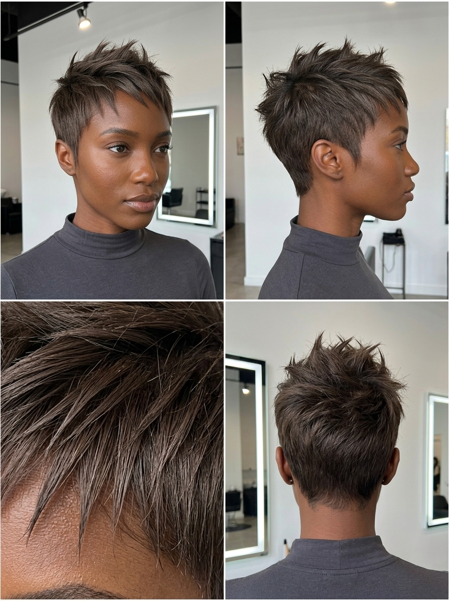 very short pixie haircut in natural cool brown, spiky texture and tapered sides for playfulness
