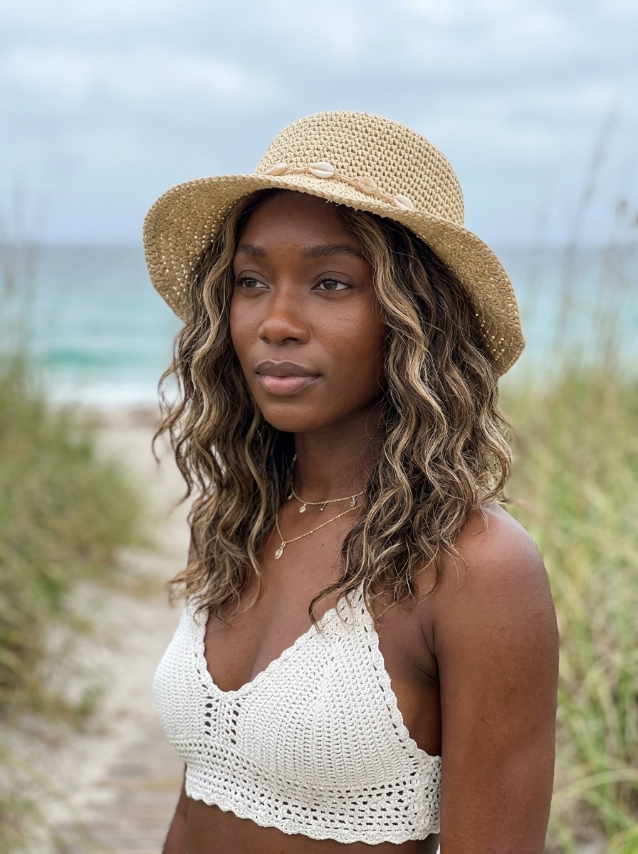 long wavy hair with warm natural tones and crochet hat for music festival