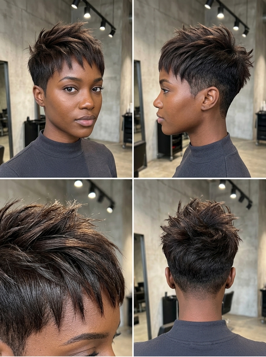 short undercut pixie haircut in near-black brunette with high-shine gloss for summer