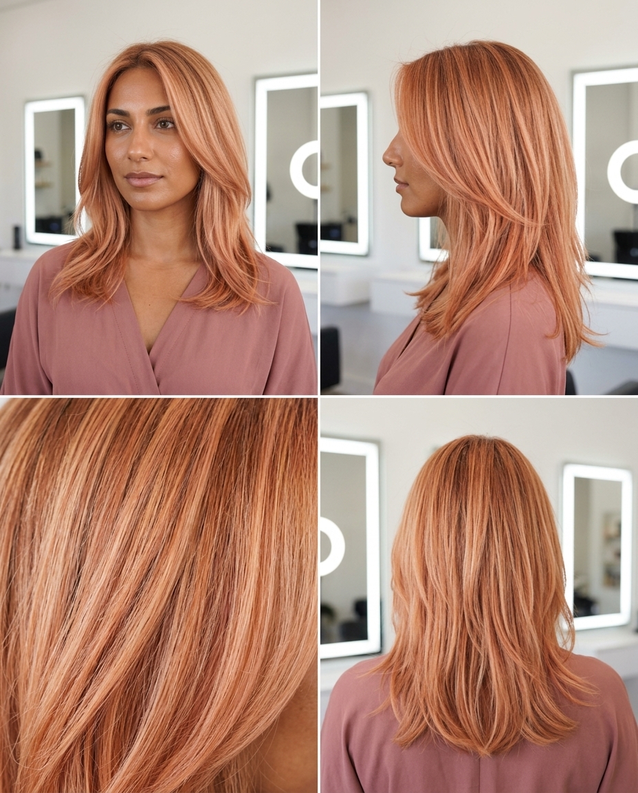 Nectarine & Apricot Balayage 2026 long nectarine apricot balayage with strawberry blonde & copper, color melt, playful vibe