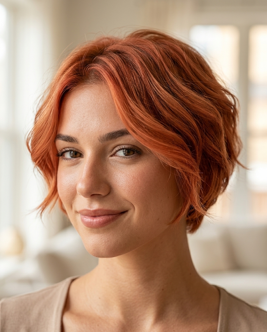 very short pixie haircut with nectarine blonde and peach-gold gloss, tapered sides for summer