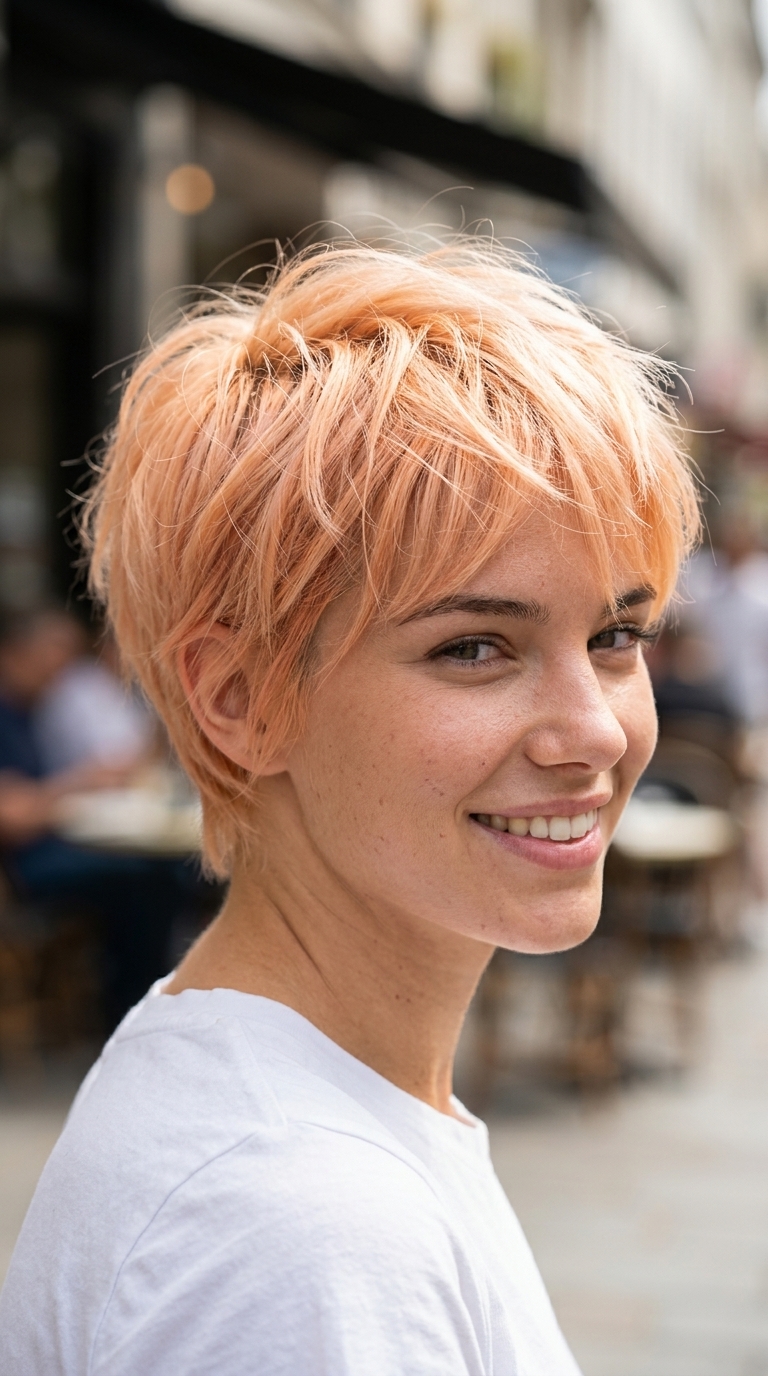very short nectarine blonde pixie haircut with point-cut texture and asymmetrical fringe for playful vibes