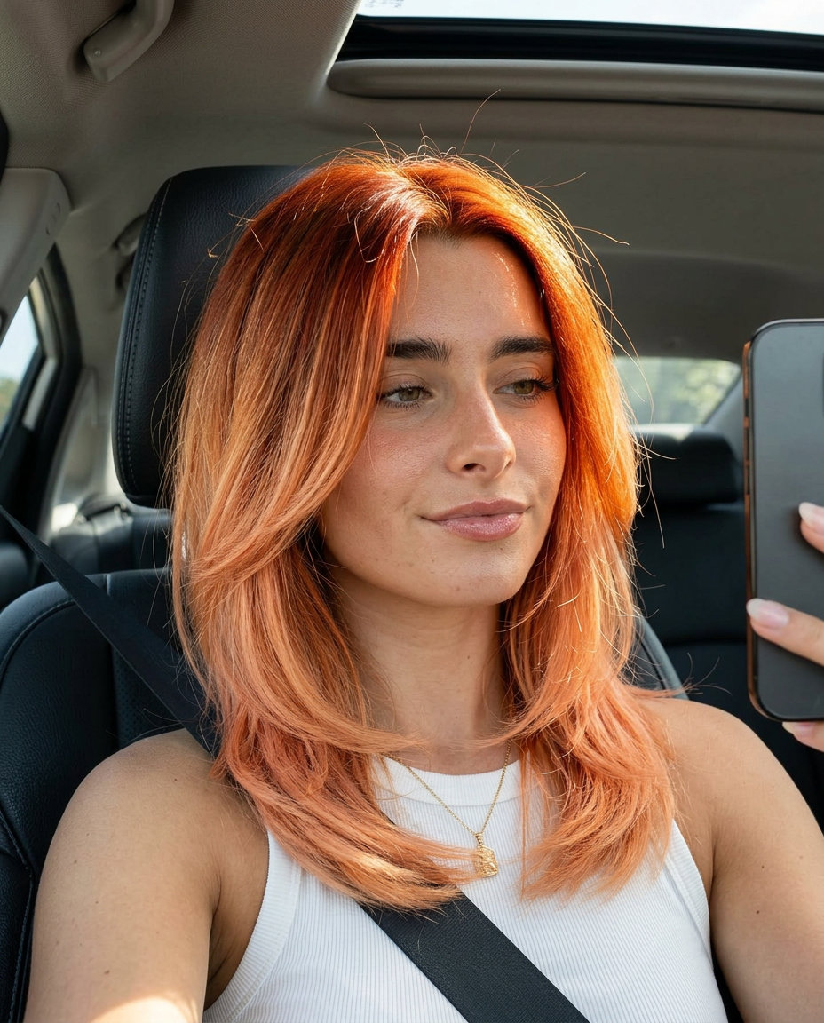 medium nectarine copper ombre with fiery orange root and peach ends, seamless melt — vibrant summer party look