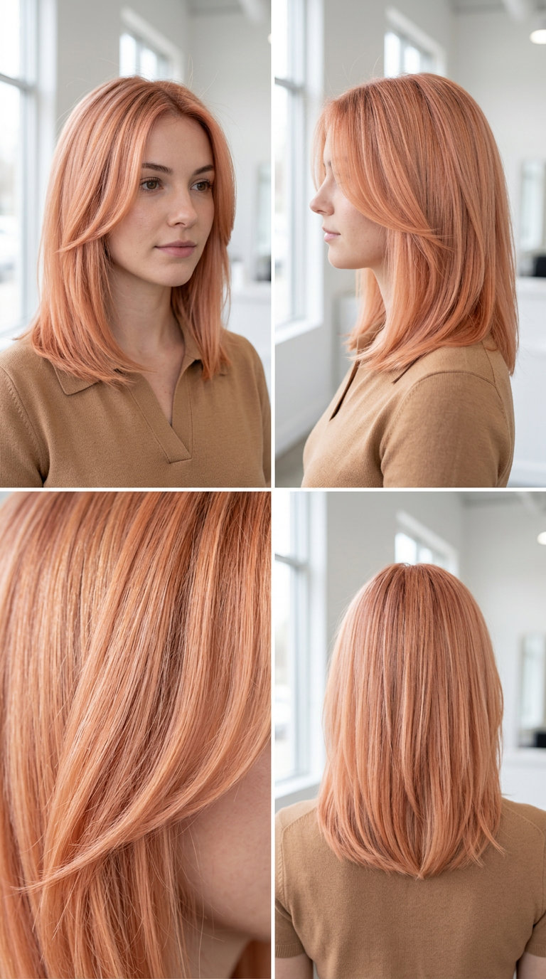 medium nectarine peach hair color with apricot undertones, pastel glaze, romantic playful dreamy