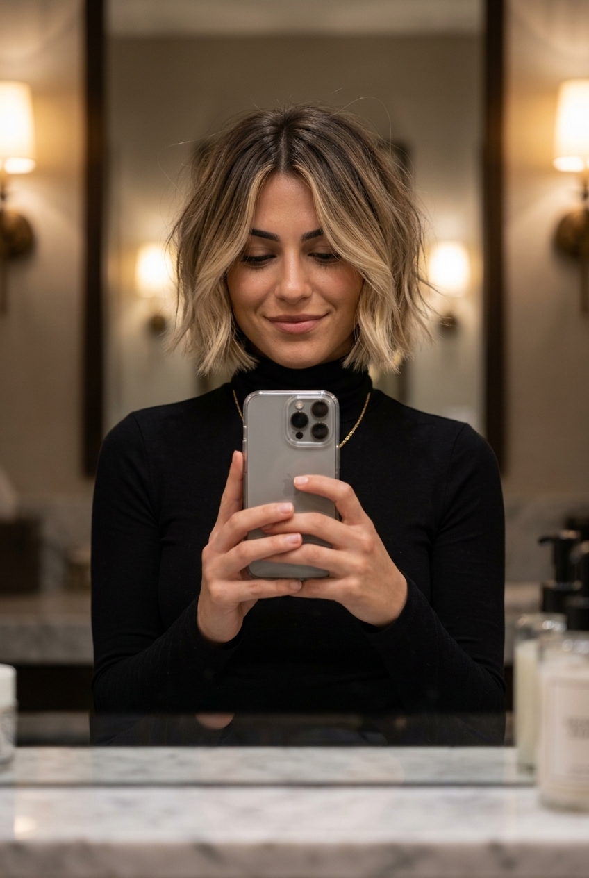 short french bob haircut in ash brown to sandy blonde ombré with face-framing pieces for beachy waves