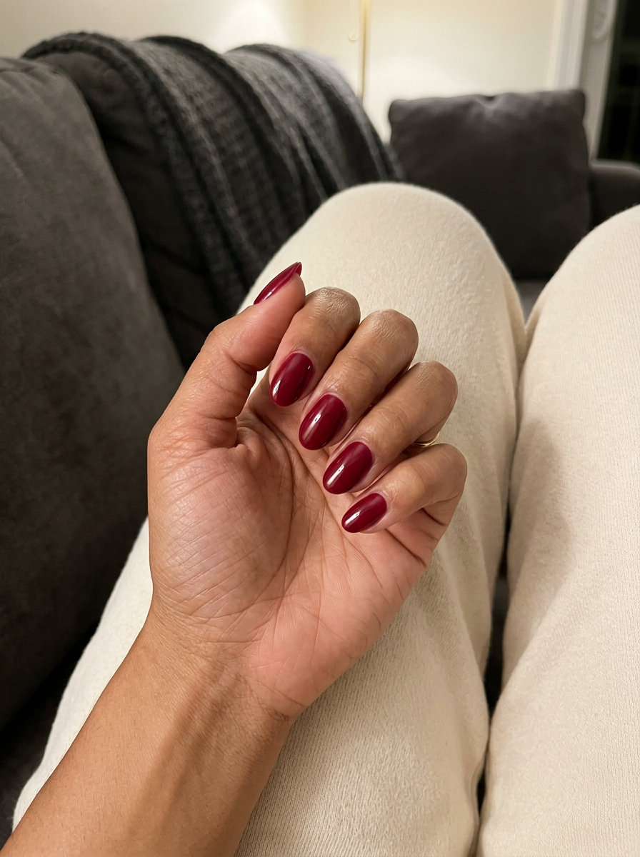 Deep cherry red glossy oval nails for a sultry date night. Oval summer nails 2026.