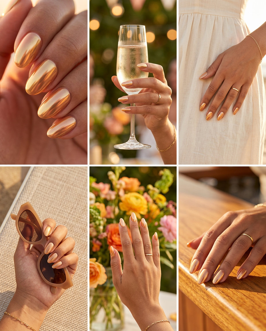 Golden hour chrome oval summer nails 2026 with peachy-bronze shift for all skin tones.