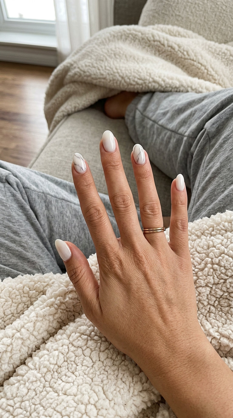 Milky white oval marble nails with soft grey veining for elegant events. Oval summer nails 2026.