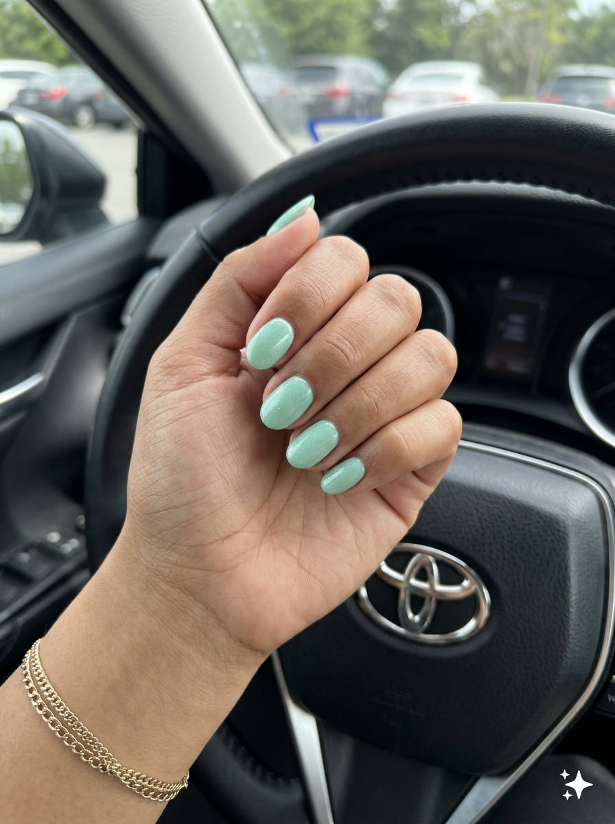 Mint green oval nails with subtle shimmer for chic casual outings. Oval summer nails 2026.