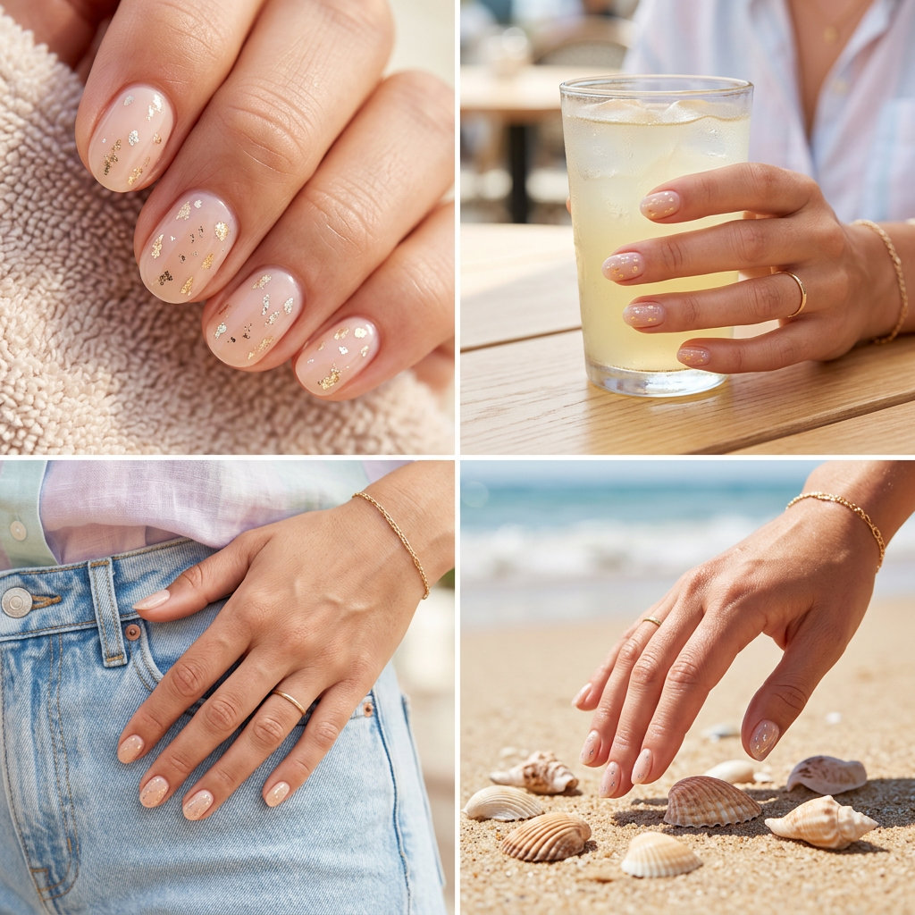 Nude oval summer nails 2026 with subtle gold and silver foil flakes for all skin tones.