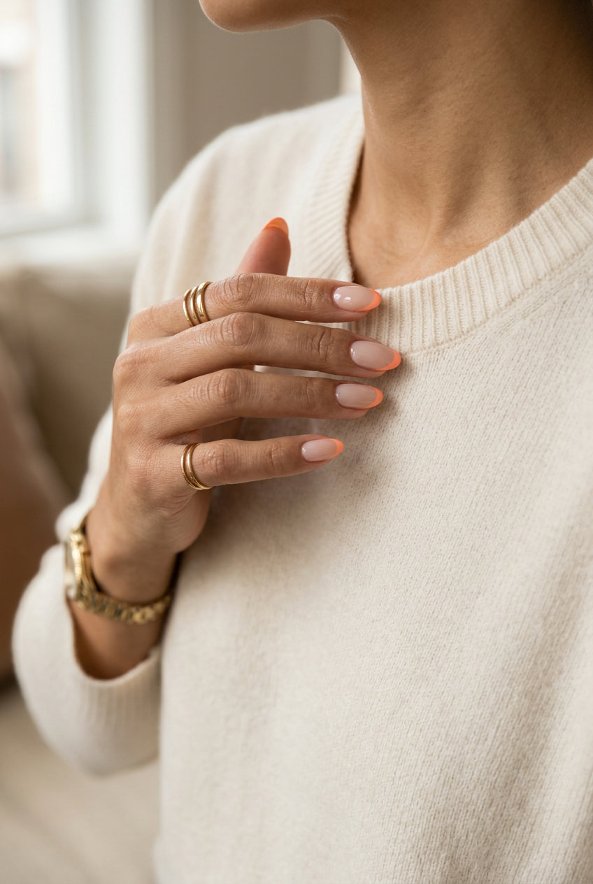 Peach bellini micro french oval nails: oval summer nails 2026 for all skin tones, elegant for weddings and date nights.