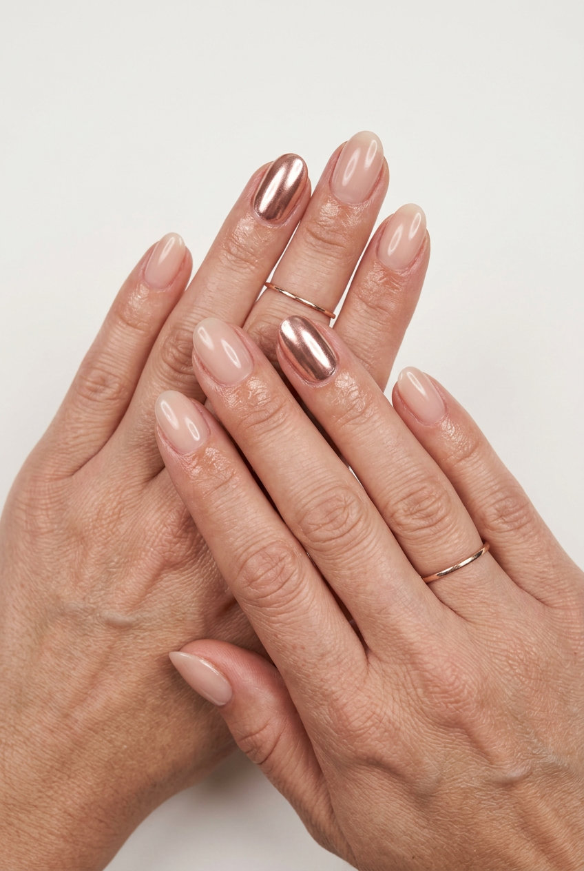 Rose gold chrome accent oval nails with sheer nude base for elegant events. Oval summer nails 2026.