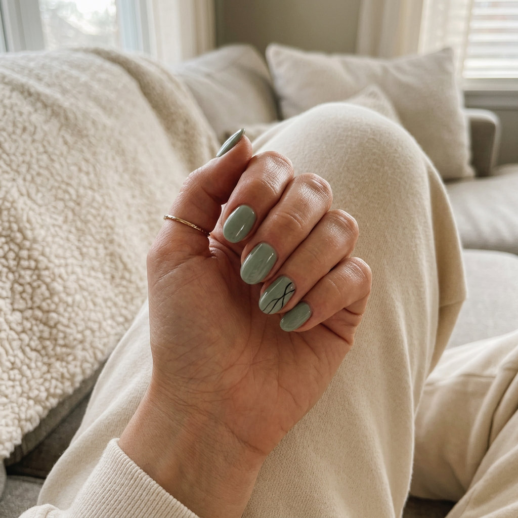Sage green abstract line oval nails: oval summer nails 2026 for all skin tones, minimalist for work and casual.