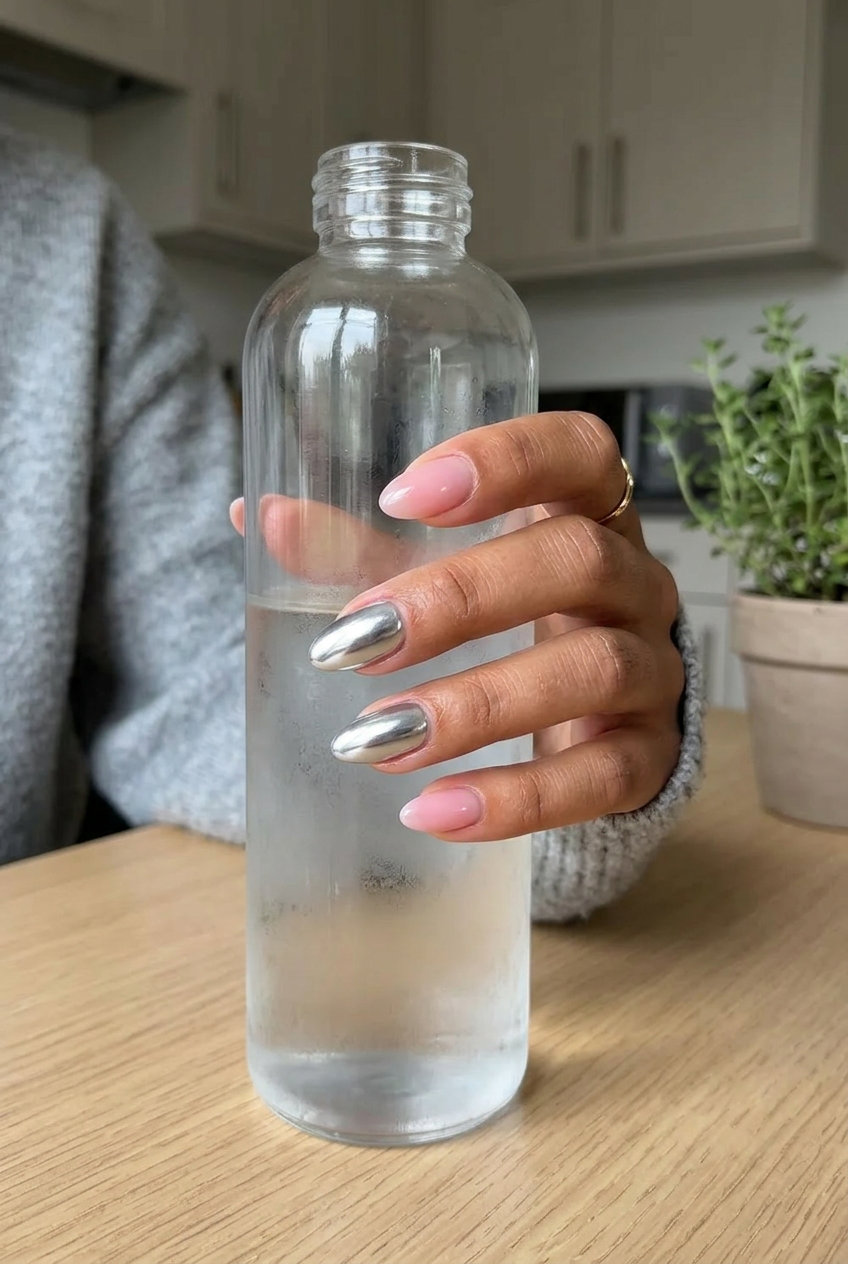 Silver chrome accent oval nails with sheer pink base for edgy style. Oval summer nails 2026.