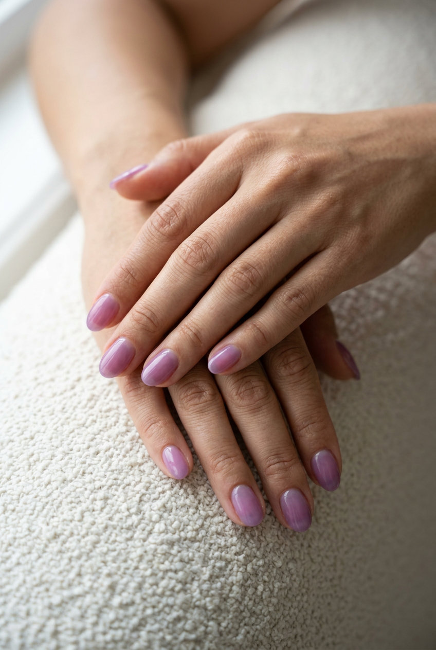 Soft lilac oval sheer wash nails: oval summer nails 2026 for all skin tones, perfect for daily wear and romantic occasions.