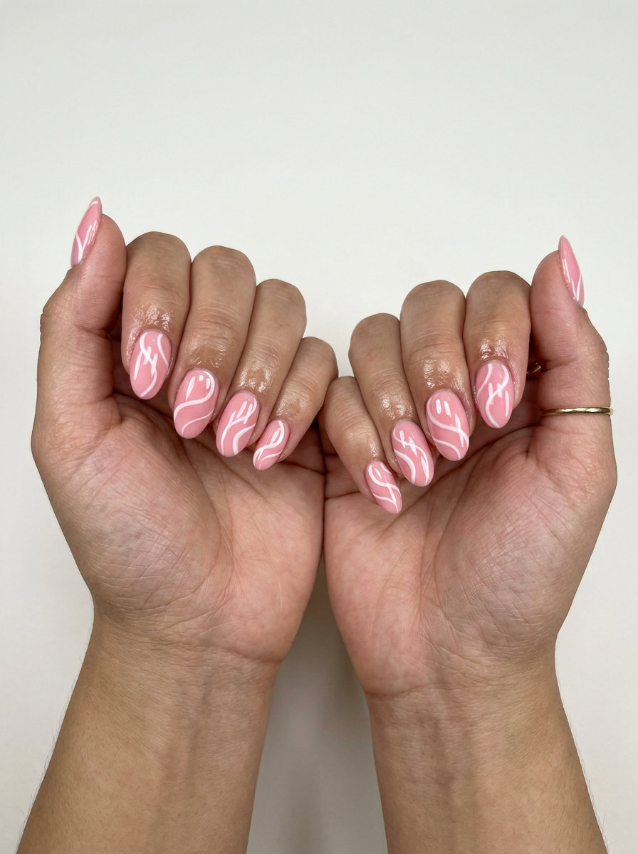 Strawberry milk swirl oval nails: oval summer nails 2026 for all skin tones, sweet for parties and casual outings.