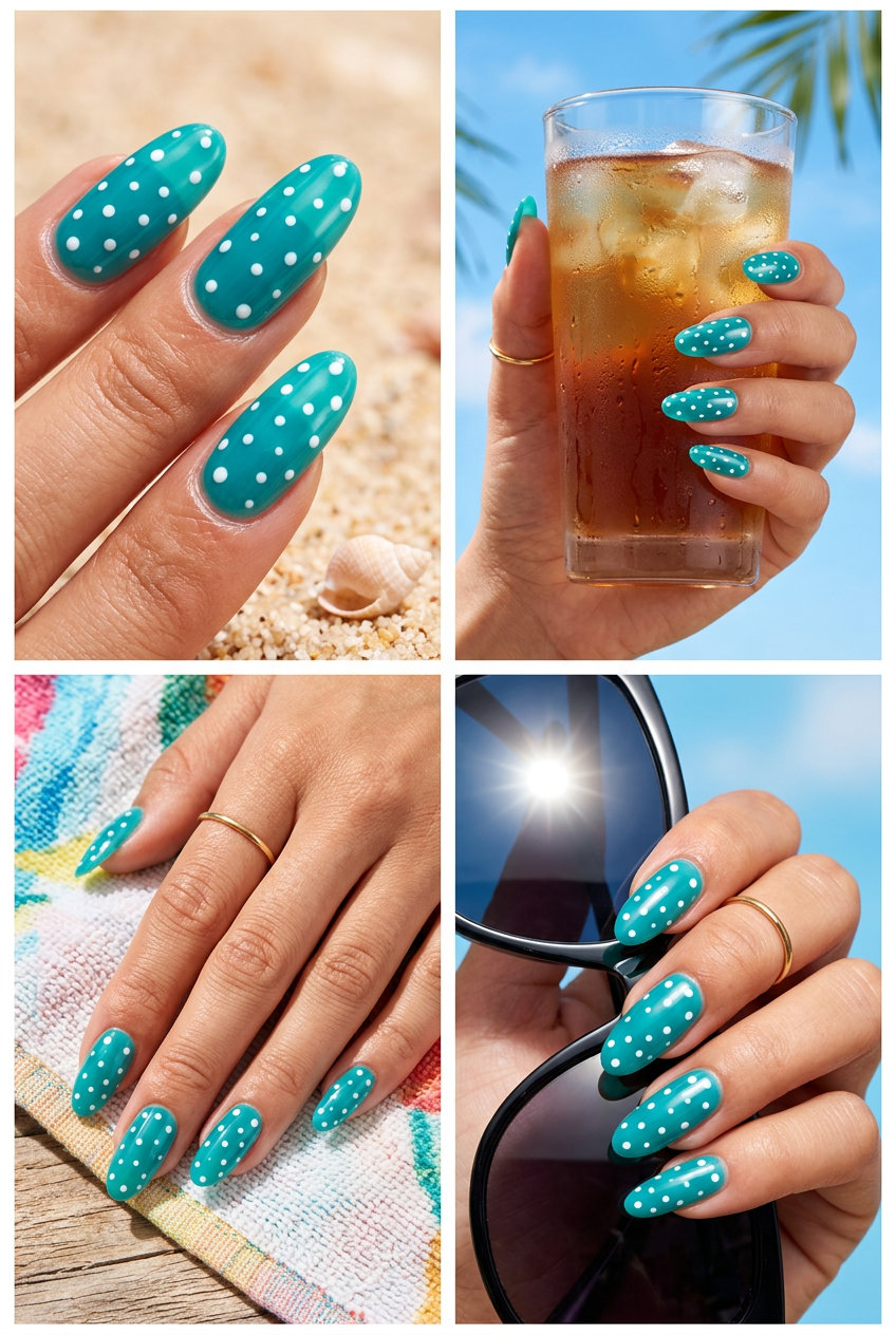 Teal jelly oval nails with white dots for fun vacations. Oval summer nails 2026.
