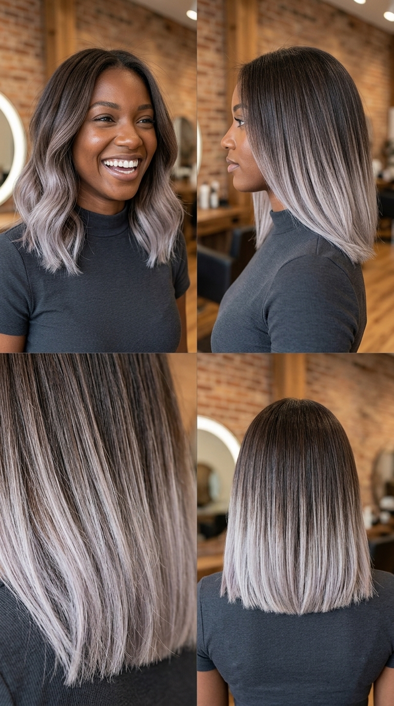 blunt cut oyster mushroom dip-dye with grey-violet ends, edgy contrast for summer 2026