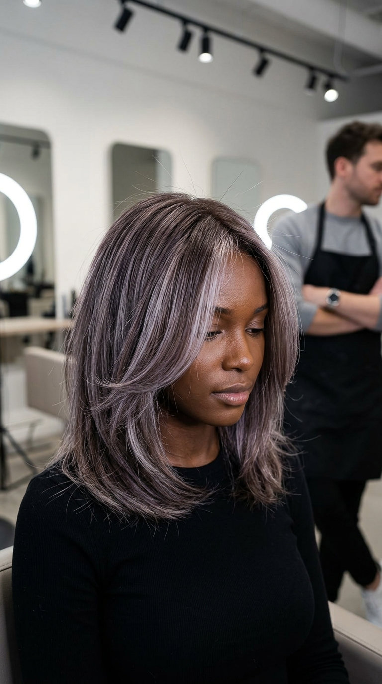 layered oyster mushroom platinum blend with violet-ash accents, high-fashion for summer 2026
