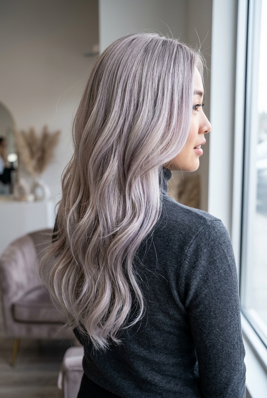 long oyster shell blonde haircut with silver-pearl, light ash undertones, flowing layers — glamorous sophisticated