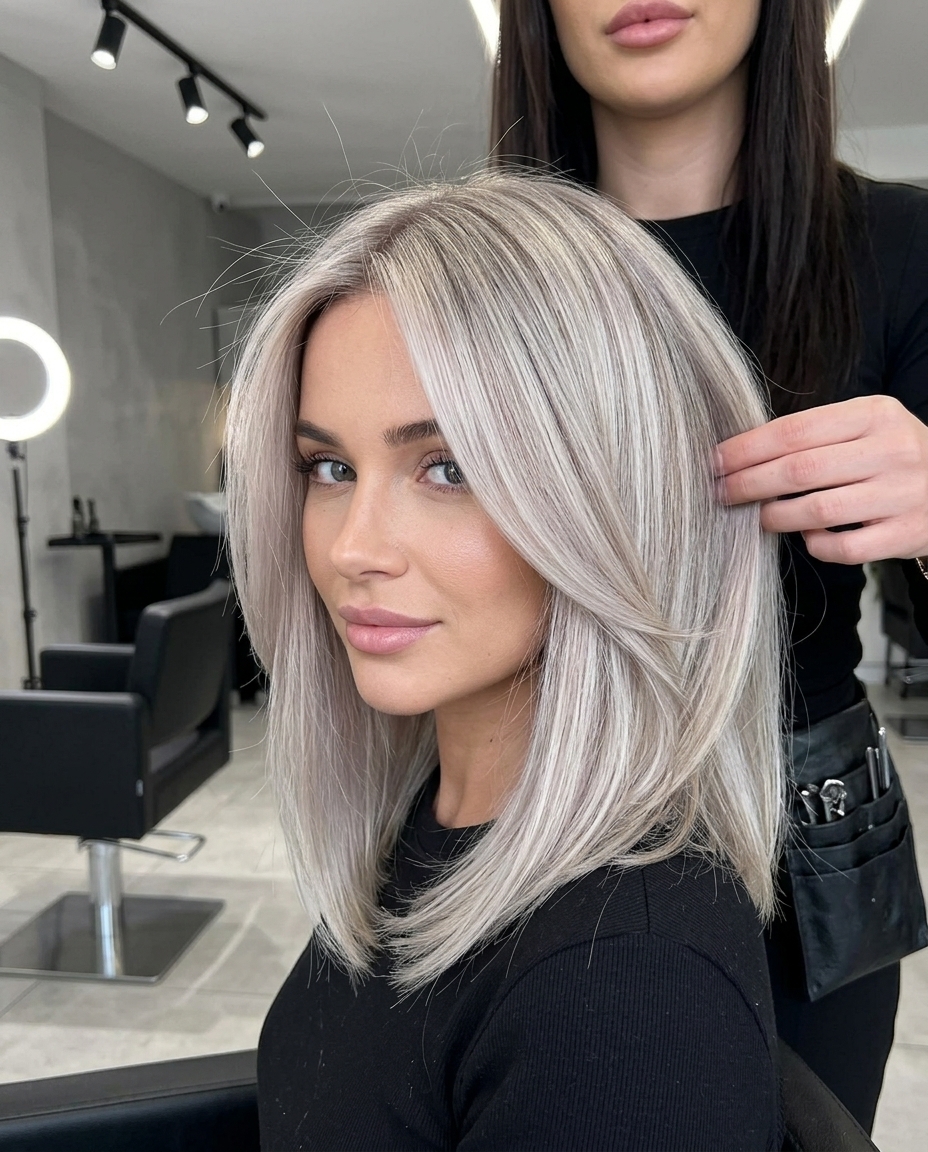 shoulder-length oyster shell blonde lob with pearl ash highlights for elegant brunch