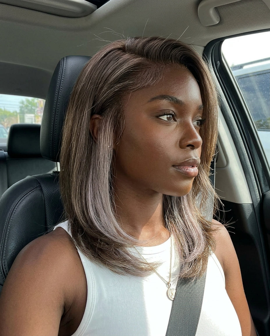 short blunt bob mushroom brown peekaboo with pearl grey, violet-grey tones, undercut — playful, edgy, unexpected