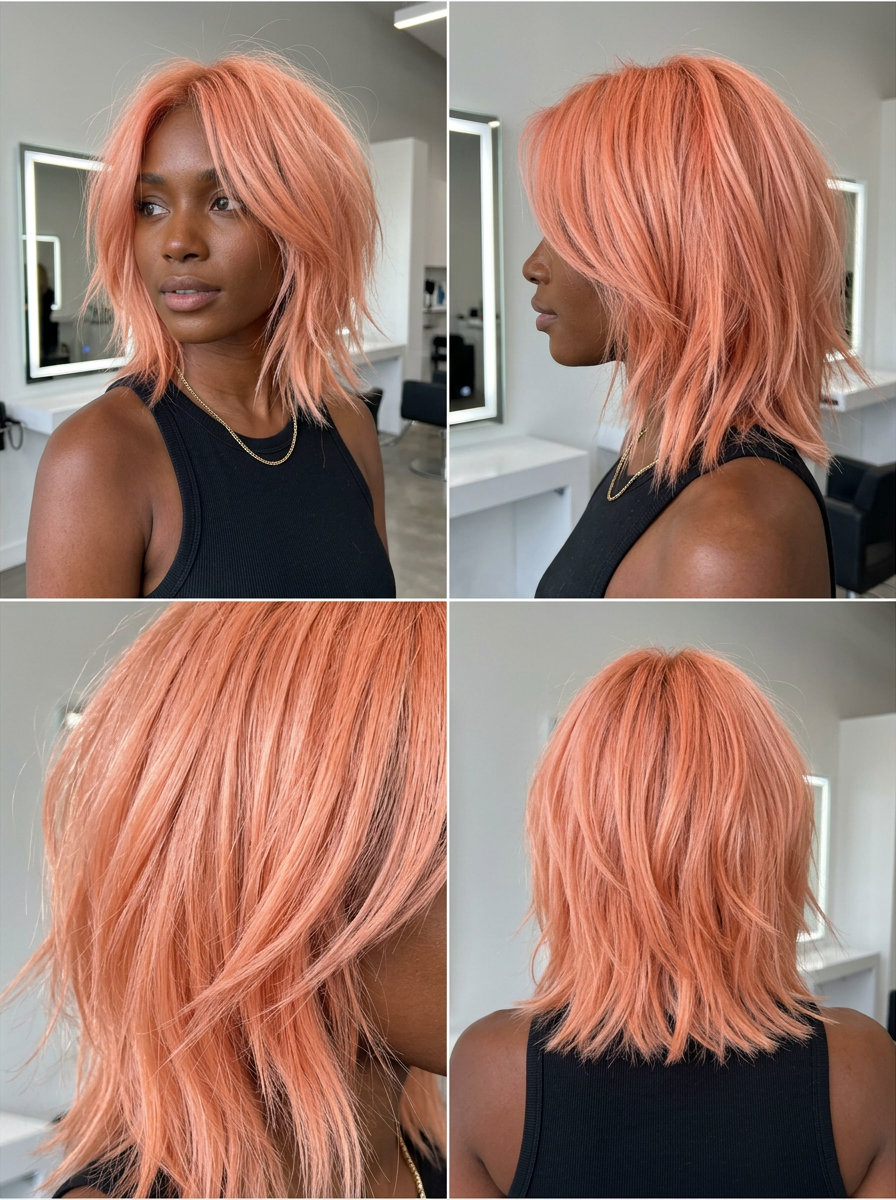 medium pastel apricot lob with coral-pink and choppy texture for edgy rebellion