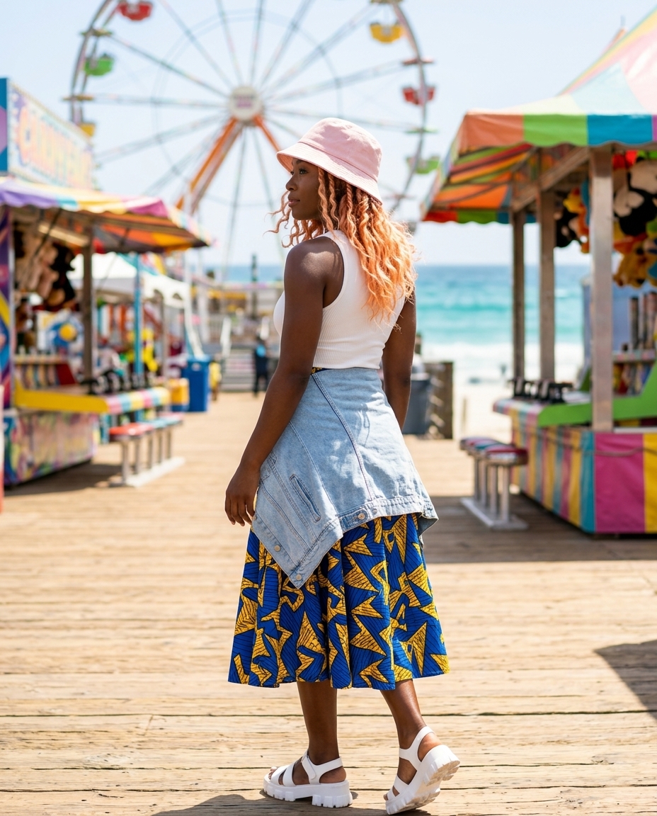 long beachy waves with pastel pink and mint green hat, subtle half-up twist — playful summer beach day