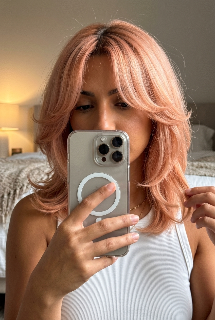 medium baroque lob haircut with pastel peach rose gold, rounded layers, curtain bangs — romantic festival