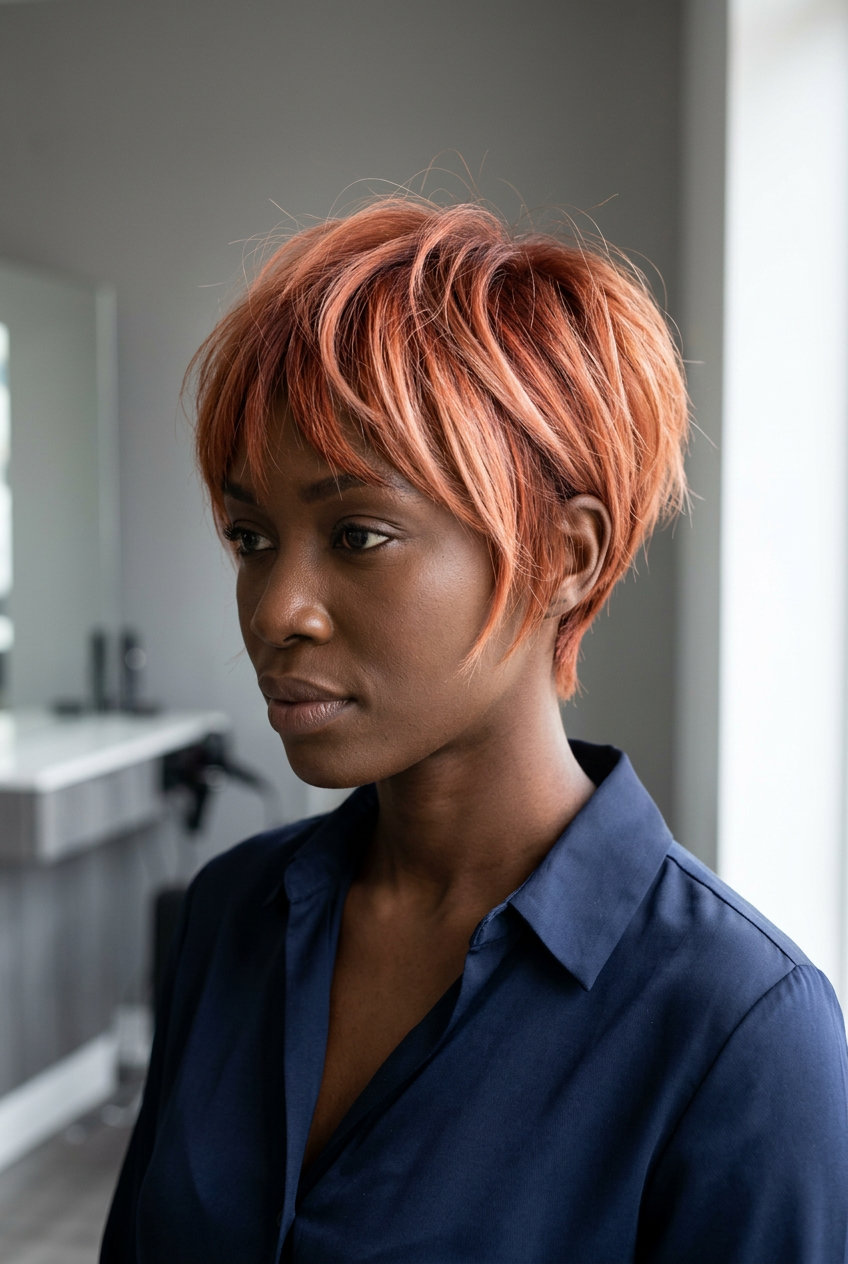 Peach Auburn Crop 2026 short peach auburn crop with piecey texture and micro-bangs — playful whimsical
