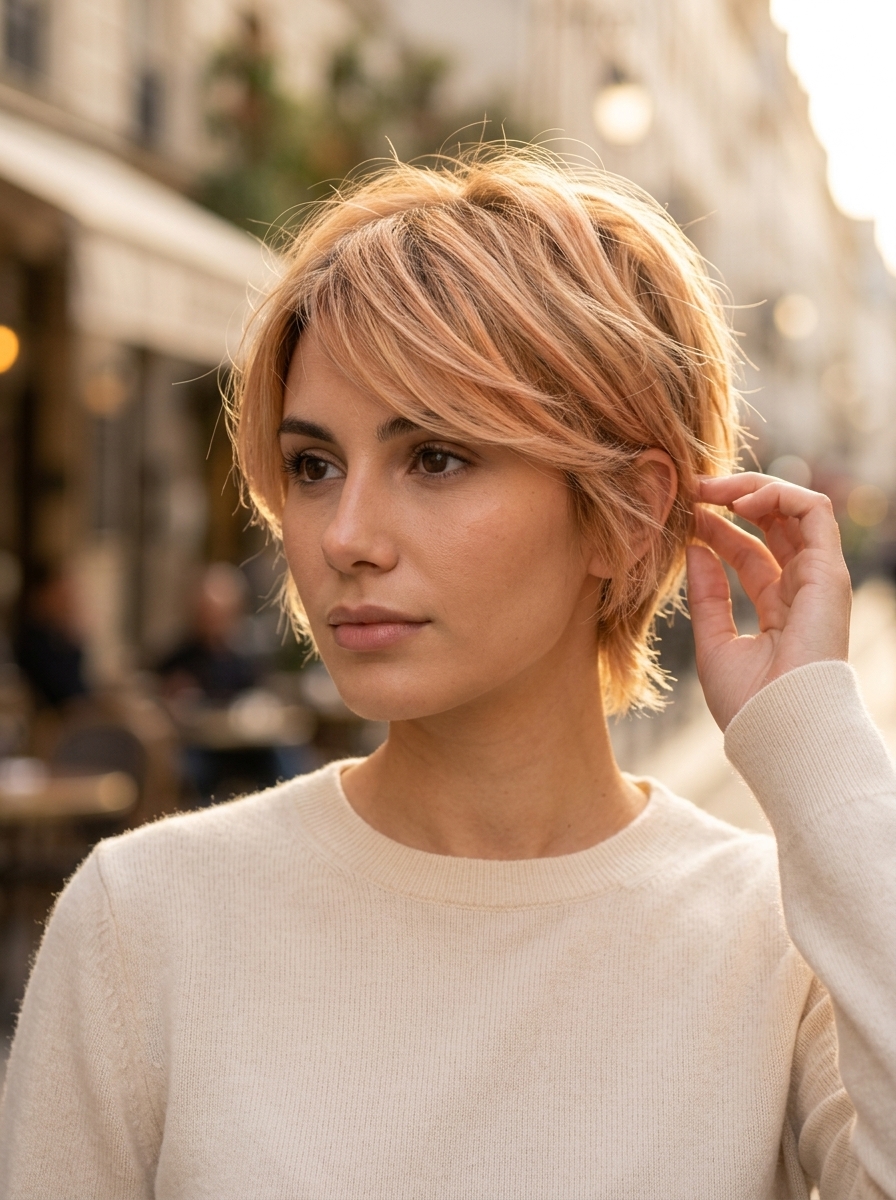 short textured pixie with soft peach balayage, swept-aside fringe — bohemian beach day