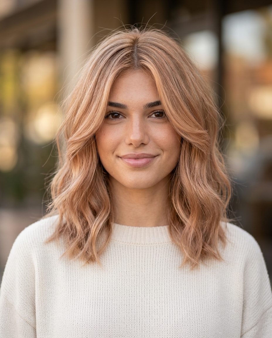 medium layered haircut in muted peach copper for summer