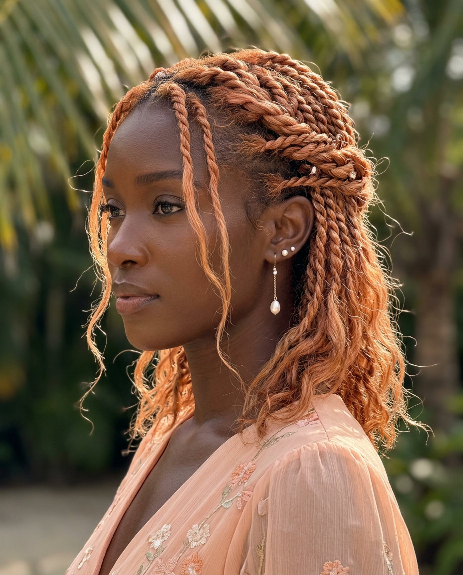 Twisted Crown Braid: Romantic Summer Vacation Hairstyle 2026 long peach fuzz copper twisted crown braid with face-framing tendrils for summer vacation 2026