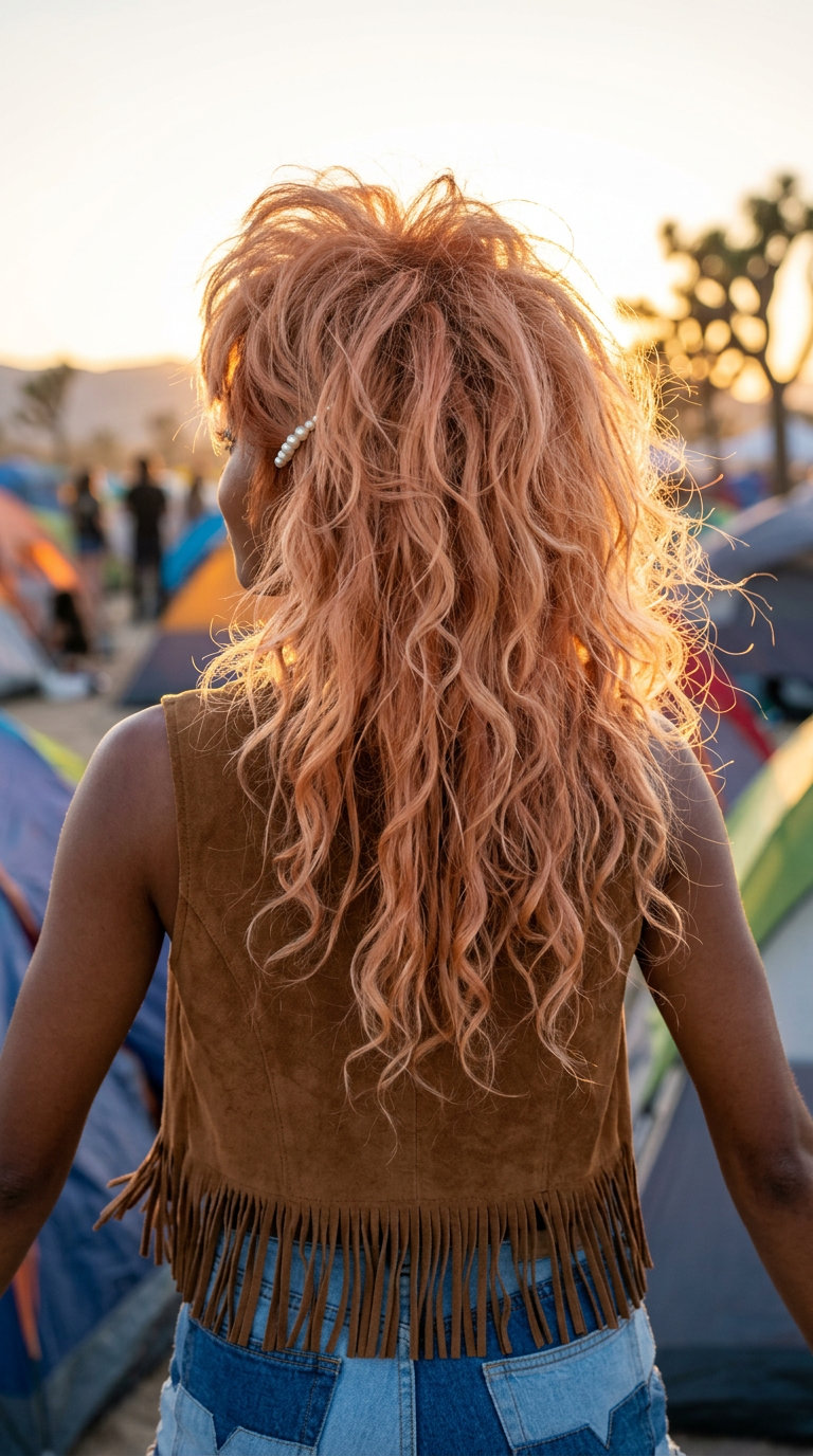 medium-long peach fuzz copper shag with strawberry blonde highlights and curly texture for summer