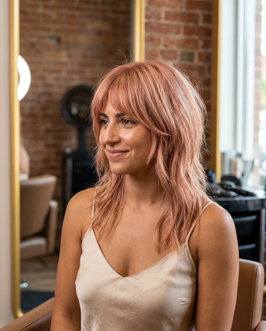 medium shag haircut with peach fuzz copper, apricot tones, and creamy highlights for festivals