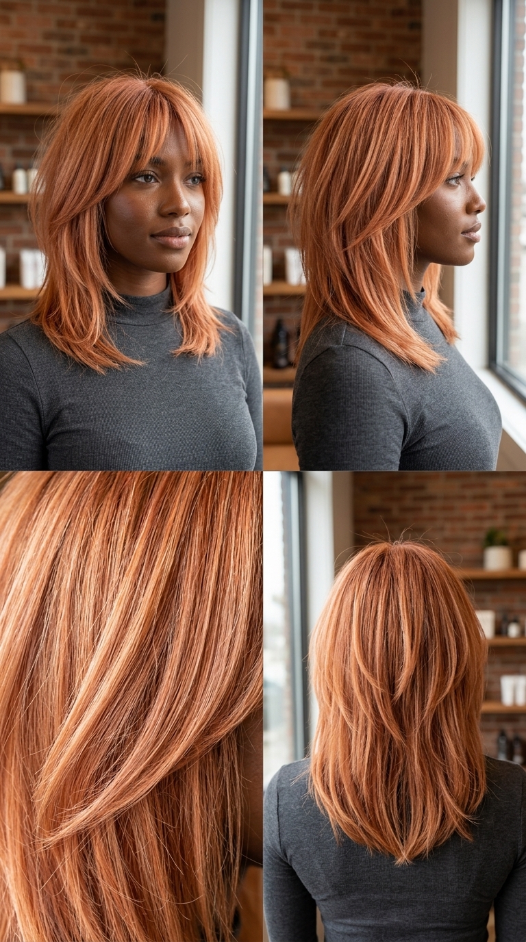 medium shag haircut in peach fuzz copper with strawberry blonde highlights for festivals